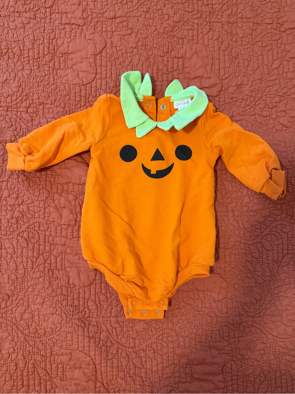 Cat & Jack Orange Pumpkin Bodysuit with Green Collar